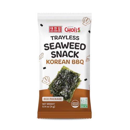 Snacks de algas tostadas sin cáscara Choi's 1 – Sabor barbacoa, paquete de 20 (4 g cada uno) | Láminas de nori ecológicas y sin cáscara – snack ahumado y sabroso, sin gluten, vegano, cetogénico, bajo