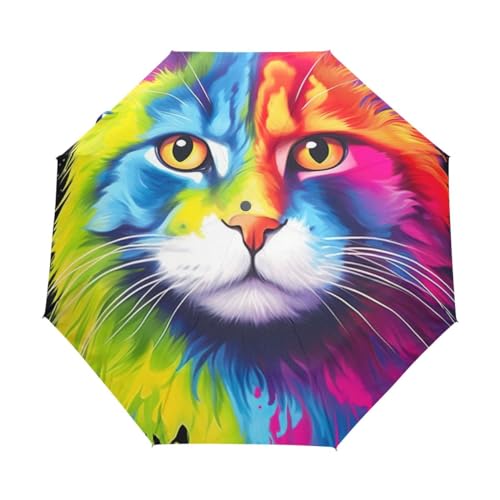 GAIREG Faltbarer Regenschirm mit Katze mit regenbogenfarbenem Haar, automatisches Öffnen, kompakt, leicht, Reise-Regenschirme für Regen