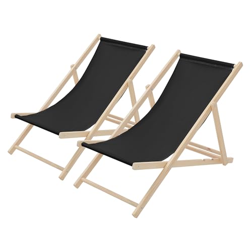 ECD Germany Lot de 2 Chaises Longues Pliantes en Bois Chiliennes, Noir, Dossier Réglable, 3 Positions de Couchage, jusqu'à 120kg, Bain de Soleil en Tissu...