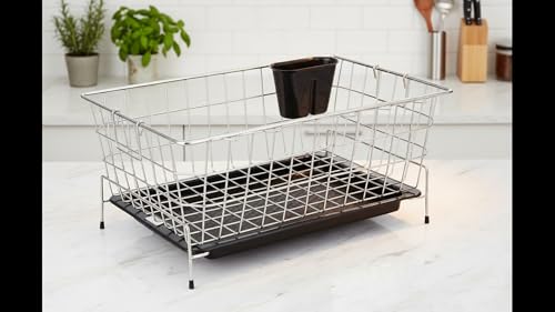 Image of Stainless Steel Kitchen Dish Drying Rack with Draining Tray and Cutlery Holder Tub, Utensil Basket /Plate Stand /Bartan Basket /Dish Rack, Durable and Rust-Free, Chrome Finish, Compact Size