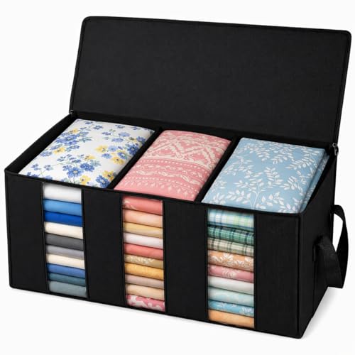 Image of Foldable Under Bed Clothes Organizer with 3 Dividers & Clear Window | Pack of 3 Storage Boxes with Handles | Underbed Clothes Storage Container for Blankets, Quilts, Clothes & Bedding | Black