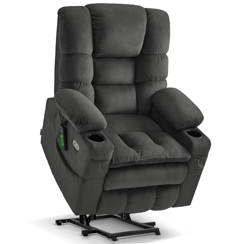 MCombo Triple Motor Lay Flat Power Lift Recliner Chair for Tall Elderly, Infinite Position, Massage, Dual Heating, Adjustable Headrest, Fabric 7634 (Grey, Large)
