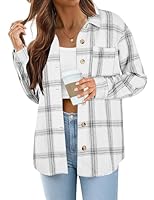 Zeagoo Damen Flanell Hemdjacke Langarm Karierte Hemdbluse Karo Blusenjacke mit Taschen Knopfleiste Westernhemd Herbst Winter Weiß Schwarz L