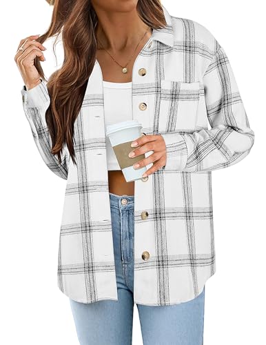 Zeagoo Damen Flanell Hemdjacke Langarm Karierte Hemdbluse Karo Blusenjacke mit Taschen Knopfleiste Westernhemd Herbst Winter Weiß Schwarz L