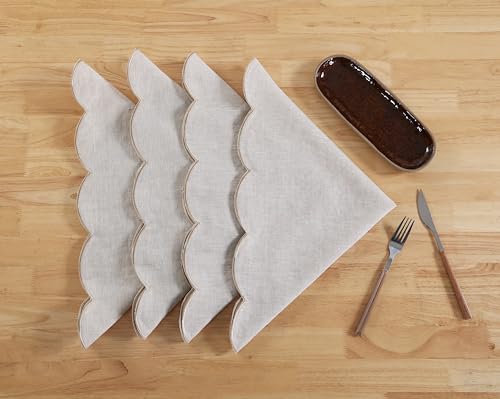 AORISSI 100% Pure Linen Scalloped Embroidery Cloth Napkins 20’’x20’’ for Dinners, Parties, Weddings, Decorative Halloween, Spring, Easter, Set of 4 Pcs, Natural Linen(Edge-Gold) by AORISSI - Used condition - US$30.59