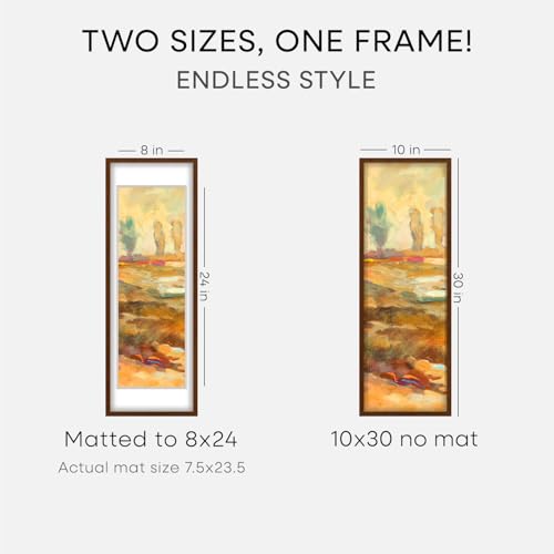 Image of Homeforia 10x30 Picture Frame Brown, High End Dark Oak 10x30 Walnut Wood Poster Frame with Mat 8x24 Print, 10 x 30 Wooden Frame Matted to 8 x 24 Photo, 30x10 Frames, Tempered Glass, Wall Kit, Set of 1