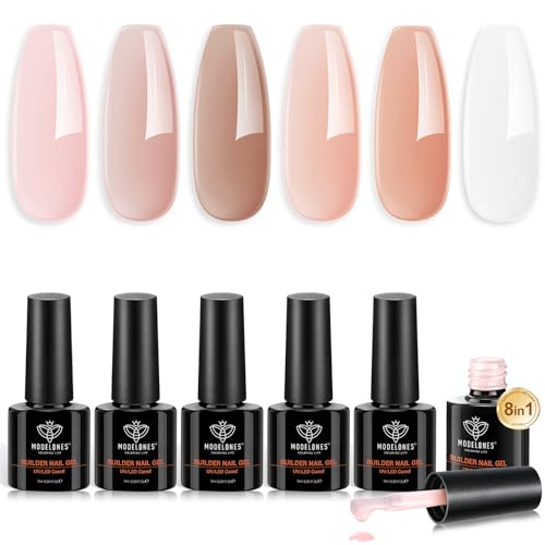 Image of modelones Gel Polish Builder Nail Gel, Base Colors 8-in-One Jelly Caramel Brown Nude Pink Clear Builder Nail Gel Polish for Hard Extension Rubber Lamp Cured 6 Colors