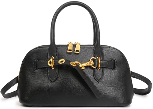 Mewpurrs Genuine Leather Crossbody Purse for Women | Structured Top Handle Satchel Shoulder Bag with Adjustable Strap (Black, Small)