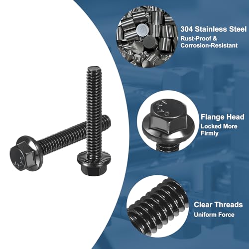 Image of uxcell 10Pcs 1 /4-20 x 1-1 /2 inch Flanged Hex Head Bolts, 304 Stainless Steel Flange Hexagon Screws, Flange Hex Drive Screws 5.8 Grade for Machinery Industry Home Appliances, Black