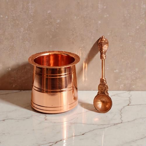 Image of Copper Embossed Panchapatra Udharini Set with Snake Head Design Udarini | Heavy Weight Pooja Accessory for Home | Pooja Glass and Spoon for Charnamrit | Height: 2.5 Inch, Weight: 170 gm