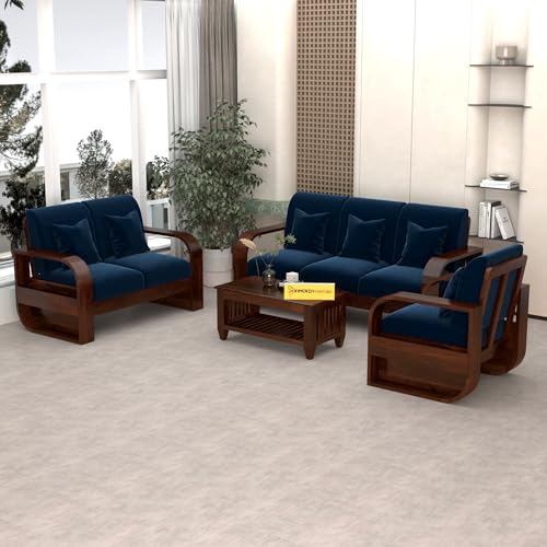 Image of Solid Sheesham Wooden 6 Seater Sofa Set with Coffee Table with Blue Cushion for Living Room Furniture - Walnut Finish (3+2+1)