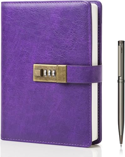 Image of Diary with Lock, A5 PU Leather Journal with lock, 240 Pages, Vintage Lock Journal with Pen & Gift Box, Lockable Diary for Women and Men, 8.6 x 5.8 Inches (Perple)