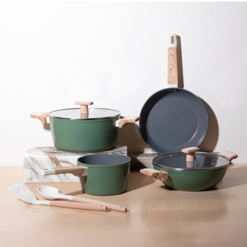 Image of Kreme Ceracook Ceramic Coated Granite 8 Pc Cookware Gift Set Casserole, Frying Pan, Kadai, Tawa, 2 Spatulas, ISI Certified, Forged, Gas & Induction, PFAS & PTFE Free,1 Yr Warranty, Olive Green