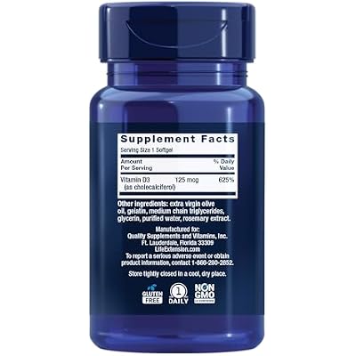 Life Extension Vitamin D3 125 mcg (5000 IU), Bone Health, Brain Performance, Immune System Support, Gluten-Free, Non-GMO, Once Daily, Two-Month Supply, 60 Softgels