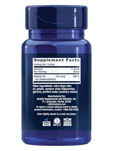 Life Extension Vitamin D3 125 mcg (5000 IU), Bone Health, 60 Softgels - image 2