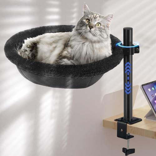 Cat Desk Bed - Machine Washable Reversible Cats Hammock for Large and Kitten - 360° Rotating & Height Adjustable - Supports Up to 45lbs - Indoor Cat Nest Furniture for Office & Game Tables - Black