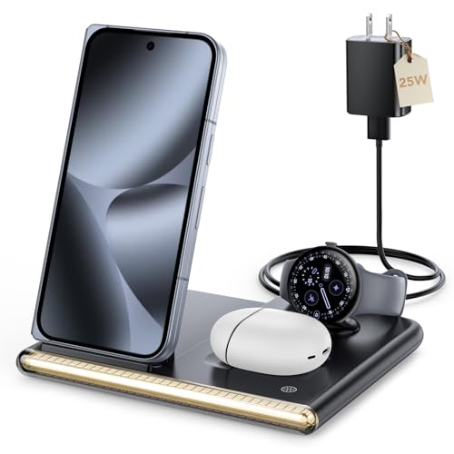 Wireless Charger for Google Pixel Watch 4 Only 4 in 1 Wireless Charging Station with Night Light for Google Pixel 10 Pro Fold/10 Pro XL/10 Pro/10/9/8/7 Pixel Buds Pro 2/Pro/2 Phone Charger Nightstand