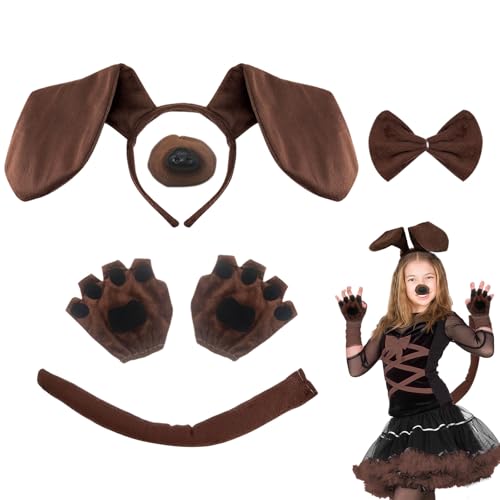 TUONYIS Ensemble de 5 costumes de teckel pour chiot, oreilles de chien, bandeau et queue de chien, accessoires de déguisement pour Halloween, fête de cosplay (5 pièces)