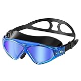 OutdoorMaster Swim Mask - Wide View Swimming Mask & Goggles Anti-Fog Waterproof, BlackBlue Frame Blue Mirror Len