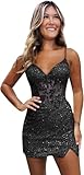 Loyeloy Junior's Backless Short Homecoming Dresses 2025 Sparkly Sequin Homecoming Sexy V Neck Homecoming Dress for Juniors US6 Black