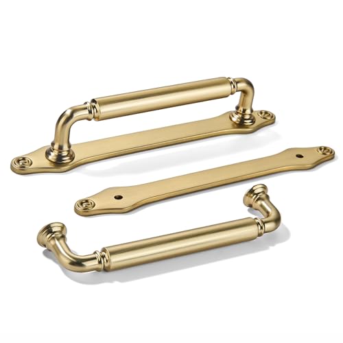 khtumeware 5 Pack 5 Inch Hole Center Brushed Brass Cabinet Pull with Backplate Solid Heavy-Duty Handles with Base Plate Cabinet Pulls for Drawer Sliding Door Charcuterie Board