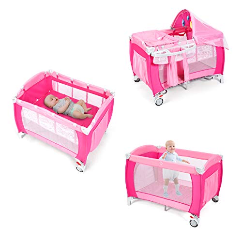 HONEY JOY Pack and Play with Bassinet, 4-in-1 Portable Baby Playard w/Changing Table, Net & Cute Toys, Diaper Storage Bag, Music Box, Wheels with Brake, Foldable Newborn Play Yard w/Carry Bag(Pink)