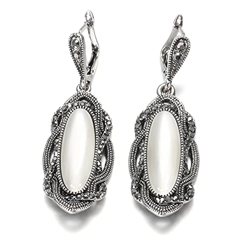 DOOLY Qualité Bohème Noir Pierre Boucle d'oreille Tibétain Argent Mosaïque Gris Cristal Grande Boucle d'oreille Ovale pour Femmes Bijoux Vintage