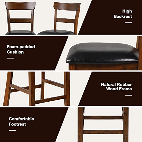 Nafort Upholstered Counter Height Bar Stools Set Of 4, Farmhouse 25.5” Solid Wood High Dining Chairs With Cusion, Counter Stools W/Back For Kitchen, Restaurant, Bar, Rubber Wood Legs & Black Leather #TOP5