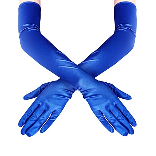 Womens 22 Long Satin Gloves White Elbow Length 1920s Opera Bridal Dance Gloves For Evening Party Opera Costume Blue