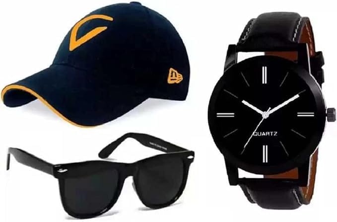 RYTORIA Men’s Gift Combo Pack of 3 | Stylish Digital Watch, Sunglasses & Cap Set for Men |& Fashion Accessory (BLACK3, Free, Black)
