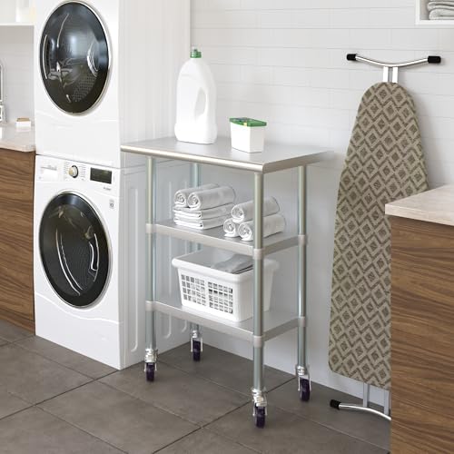Image of AmGood Stainless Steel Work Table with 2 Shelves and Casters | Metal Utility Table On Wheels (Stainless Steel Work Table with 2 Shelves + Casters, 30 inch Long x 18 inch Deep)