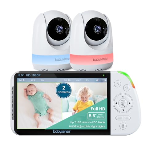 Image of Babysense 5.5” 1080p Full HD Split-Screen Baby Monitor, Video Baby Monitor with 2 Cameras and Audio, 6-Color RGB Night Light, 1000ft Range, Two-Way Audio, 4X Zoom, 5000mAh Battery
