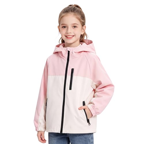 Image of Baogaier Girls Waterproof Jacket Kids Hooded Raincoat with Zip Pockets, Lightweight Jackets with Reflective Stripes Windproof Outdoor Colorblocked Coat Outerwear 7-8 Years, Pink