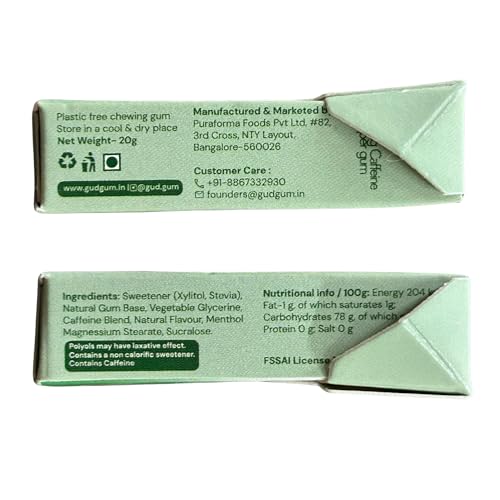 Image of Gud Gum Caffeine Gum Variety Pack with Xylitol - 4 Pack Assorted Flavors (Cola, Raspberry, Cold Coffee, Mint) - Sugar-Free, Fast-Acting Energy Gum for Focus, Alertness & On-the-Go Boost (Mint)
