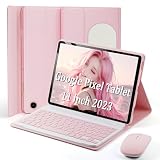 TUNKARMOR Keyboard Case for Google Pixel Tablet 11 inch 2023, Mouse and Detachable Keyboard, PU Leather Cover Case Auto Sleep/Wake - Pink