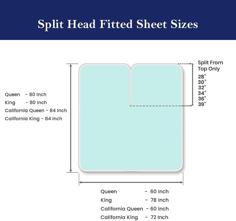 Top Split Cal King Size Flex Head 4 Piece Sheet Set for Split-Head Adjustable Bed, 32" Top Split, 800 Thread Count 100% Egyptian Cotton, Fits Up to 15" Deep Pocket, Aqua-Blue Solid