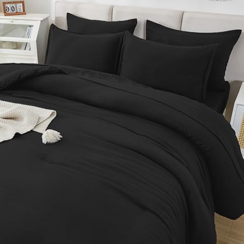 Litanika Comforter Queen Size Set Black - 7 Pieces Bed in a Bag Queen Bedding Comforter Sets, Plain Lightweight Bed Set with Comforter, Sheets, Pillowcases & Shams