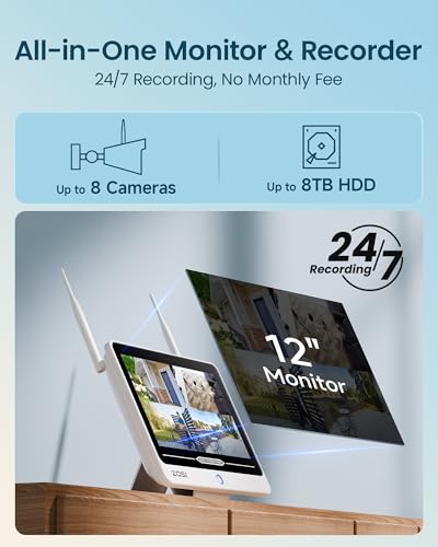 ZOSI 2K Wi-Fi 6 Überwachungskamera Set Aussen mit 12 Monitor NVR, 1TB HDD, 4X 3MP WLAN Kamera mit 2 Wege Audio, KI Personenerkennung, Farbnachtsicht