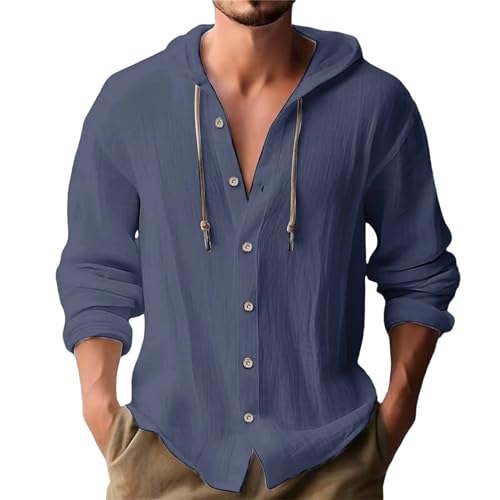 Camisa de lino para hombre de algodón y lino con capucha con botones, camisa de manga larga con capucha, camiseta de manga larga de moda, camiseta de verano fina, camiseta de verano ligera, camisa de
