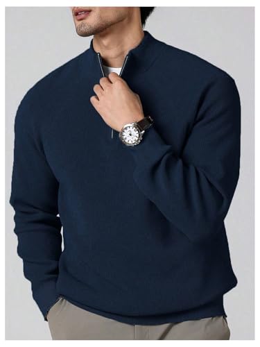 OYOANGLE Men's Quarter Zip Ribbed Sweaters Long Sleeve Mock Neck Slim Fit Pullover Golf Sweater Tops4