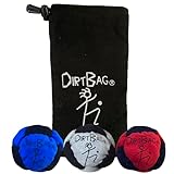 DIRTBAG Classic Footbag 3 Pack with Pouch, Unique, Footbag Set with Signature Carry Bag - Blue/Grey/Red with Black Pouch.