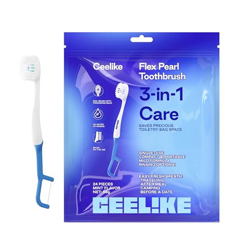 CEELIKE All-in-One Disposable Toothbrush with Floss Pick & Mint Bead, Individually Wrapped, 24 Pack