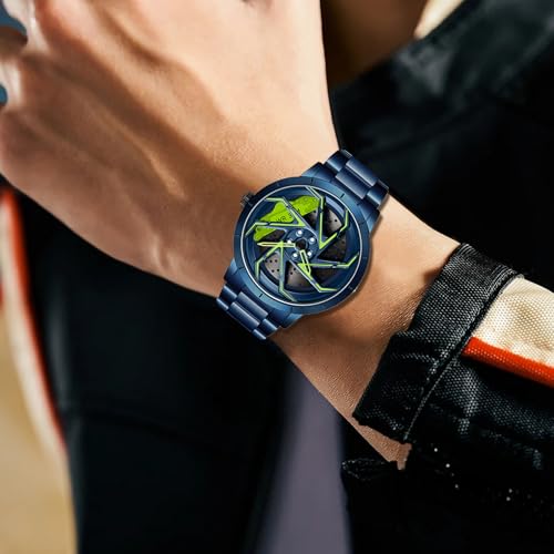 Image of FANMIS Men's Racing Car Wheel Watch 3D Spinning Dial Stainless Steel Watch | Creative 3D Spinning Car Quartz Large Skeleton Face and 30M Water Resistance Designed for Car Fans and Daily Wear.