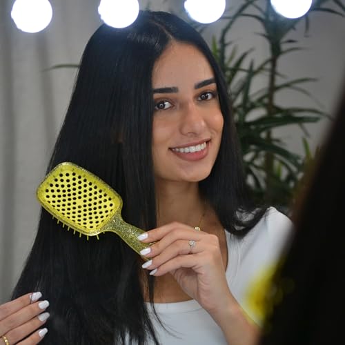 Image of FHI Heat UNbrush Detangling Brush for Pain-Free Brushing on All Wet or Dry Hair Types - Durable DuoFlex Anti-Static Bristles, Lightweight Handle, Vented Hair Brush, Amber Yellow