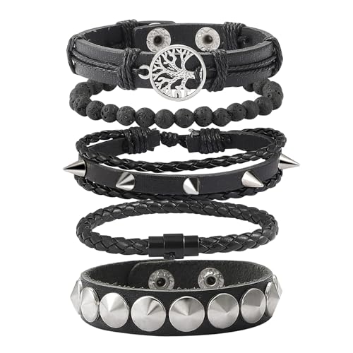 MILAKOO 5PCS Punk Nietenarmband Manschette PU Leder Schwarz Gothic Armband für Party Halloween