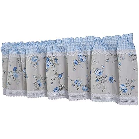 Dreamskull Cotton Short Curtain Country Rural Pastoral Style Floral Print with Blue and White Checked Cafe Kitchen Bistro Restaurant Multifunctional Curtain/ Gingham Small Window Valance 150 cm Wide Cover