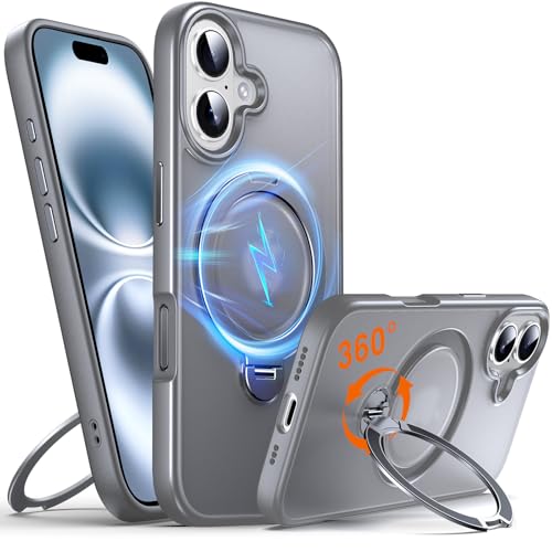 Coque iPhone 16 MagSafe grise Chicfun avec anneau de support rotatif 360