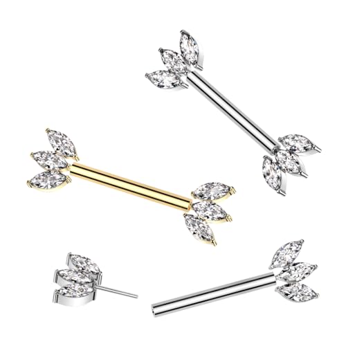 Pierced Owl 14GA ASTM F-136 Implant Grade Titanium Threadless Push-In Triple CZ Crystal Marquise Ends Nipple Barbells, Sold as a Pair3