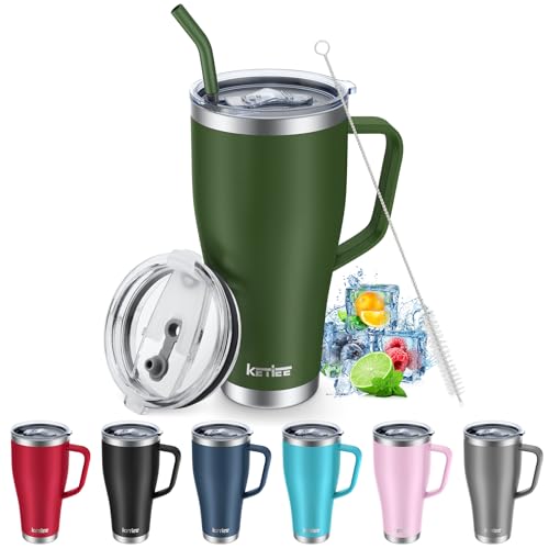 KETIEE 30oz Tumbler with Straw and 2 Lids, Travel Mug Coffee Tumbler with Handle, Insulated Tumbler Cup, Stainless Steel Vacuum Travel Coffee Mug Water Bottle for Hot and Cold Drink, Olive G