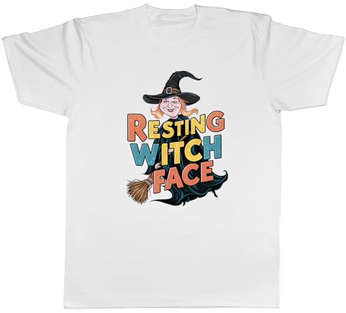 Shopagift Resting Face Witch Mens T-Shirt Halloween Costume Witch on Broom Tee White